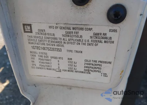 2005 GMC Sierra 1500 Work Truck z USA, uszkodzony, nr VIN 1GTEC14X75Z287253